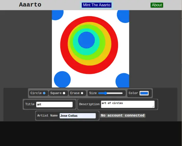Screenshot of Aaarto: concentric colored circles on a canvas with drawing tools and a Mint The Aaarto button