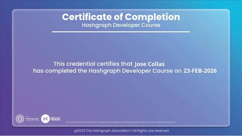 Hashgraph Developer Course certificate of completion for Jose Collas, 23 February 2026