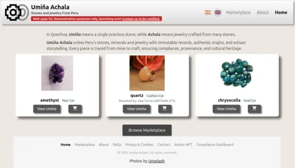Screenshot of the Umiña Achala home page showing amethyst, quartz and chrysocolla listings